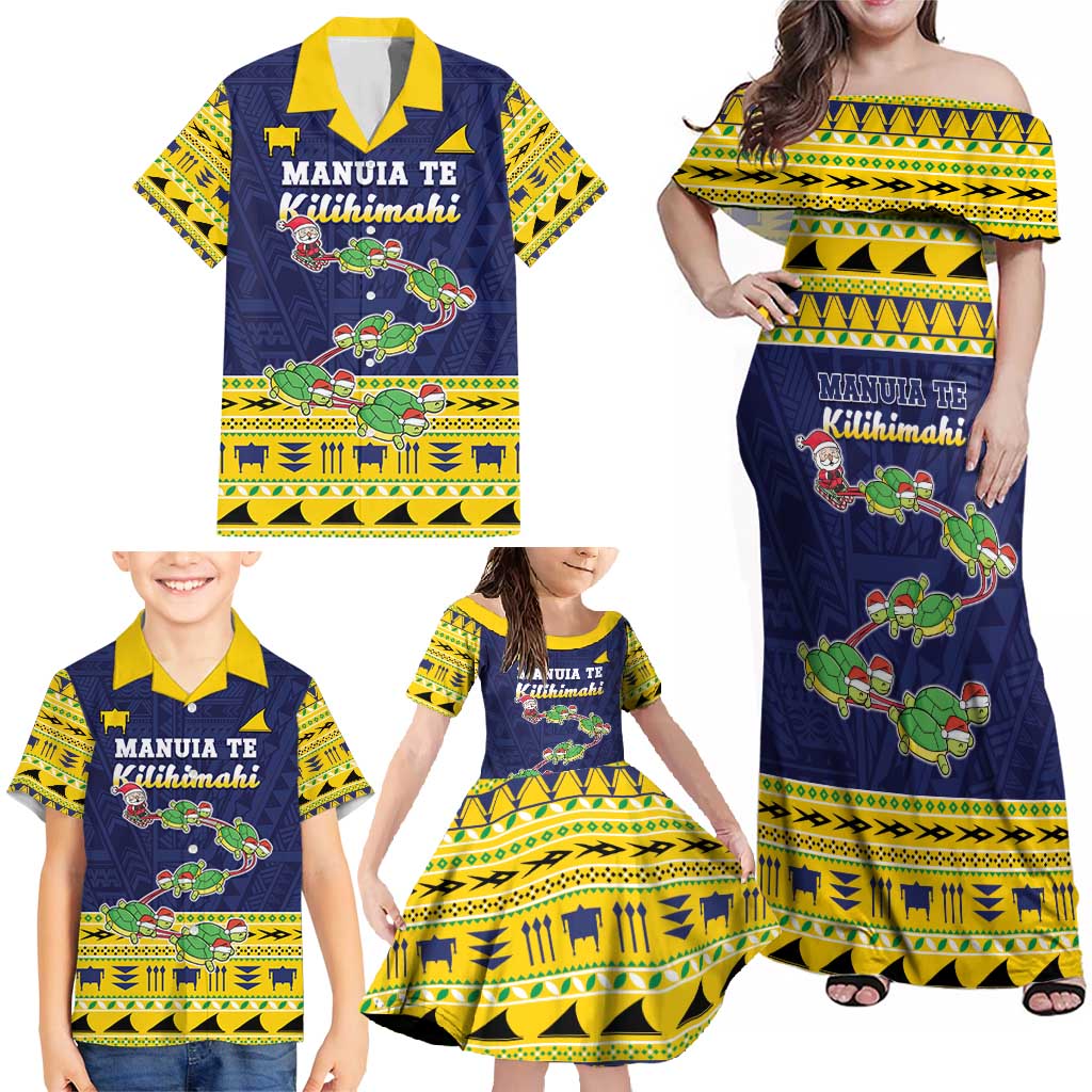 Tokelau Christmas Family Matching Off Shoulder Maxi Dress and Hawaiian Shirt Tokelauan Turtle Santa Sleigh