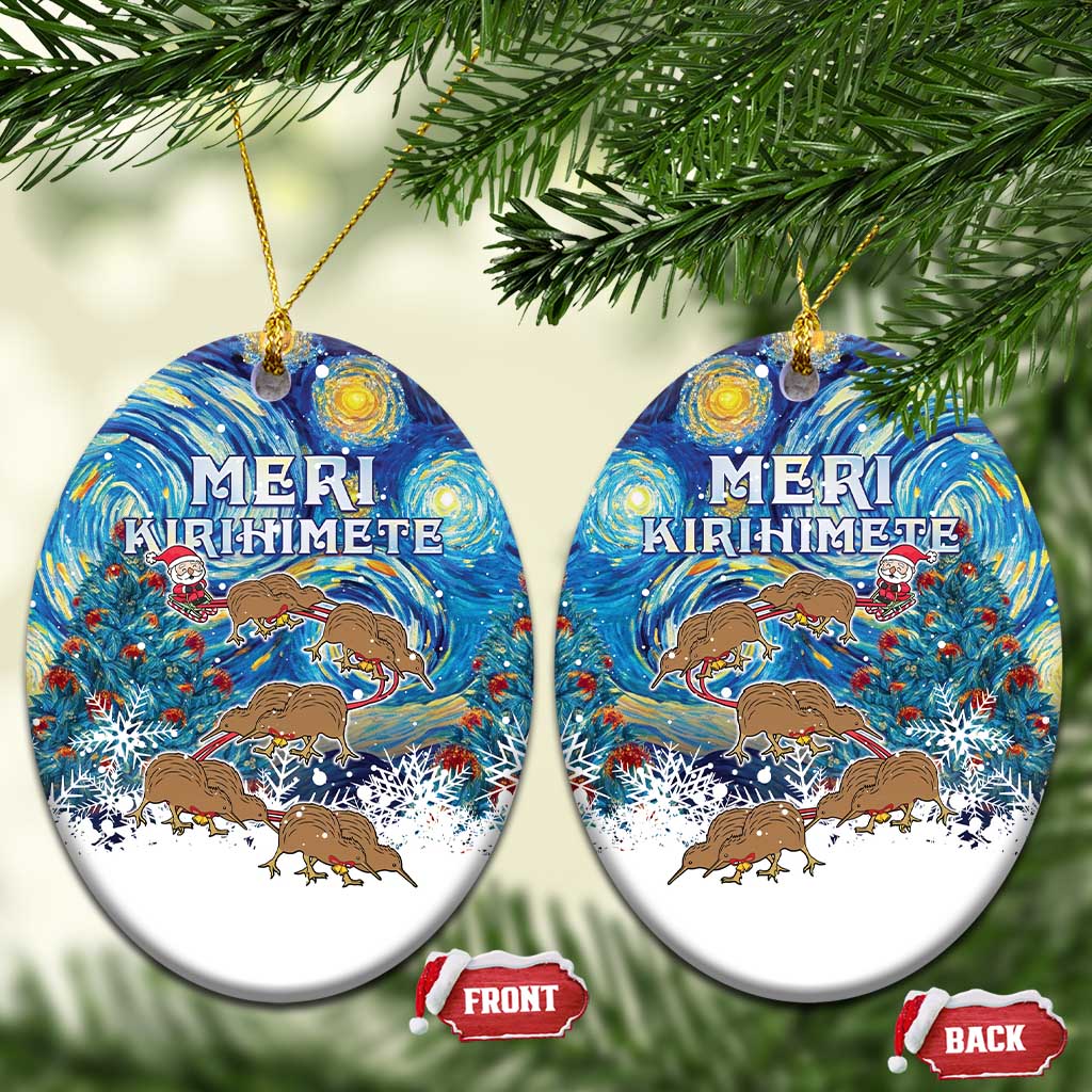 New Zealand Christmas Ceramic Ornament Kiwis Santa Sleigh Starry Night Style LT05 Oval Blue - Polynesian Pride