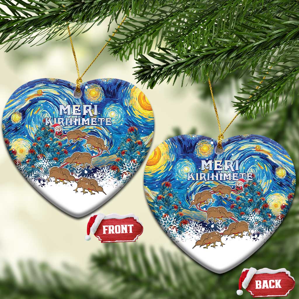 New Zealand Christmas Ceramic Ornament Kiwis Santa Sleigh Starry Night Style LT05 Heart Blue - Polynesian Pride