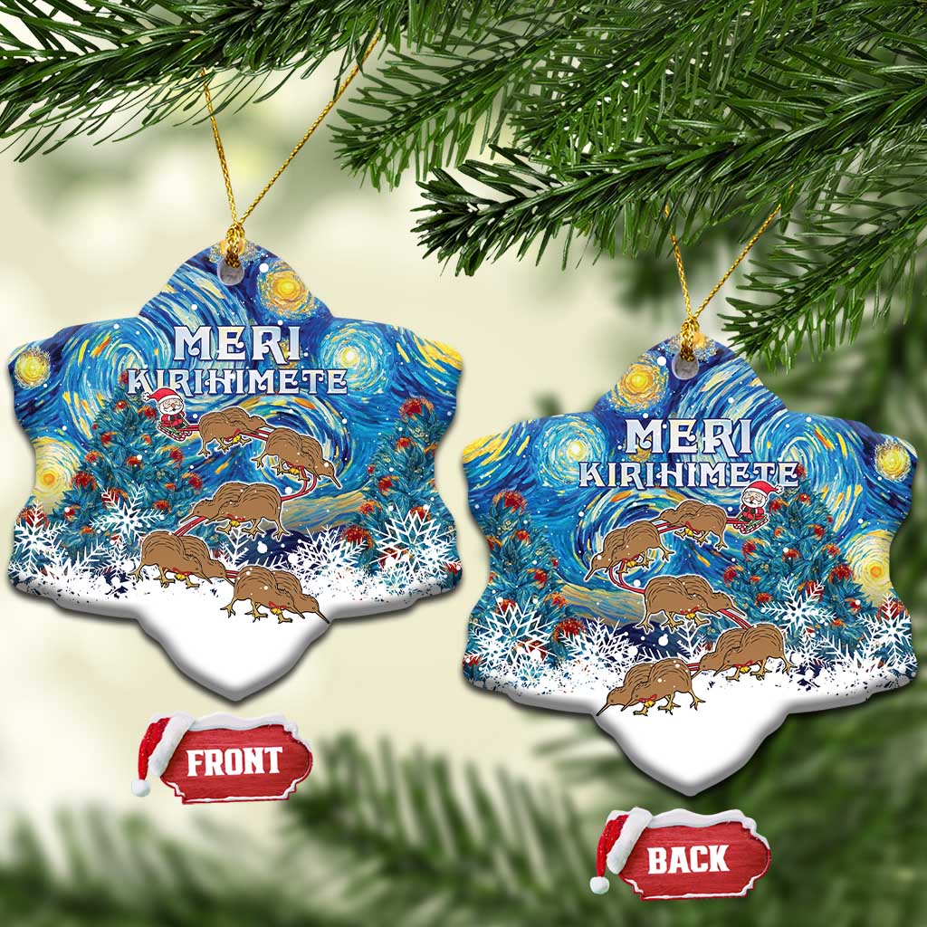 New Zealand Christmas Ceramic Ornament Kiwis Santa Sleigh Starry Night Style LT05 Snow Flake Blue - Polynesian Pride