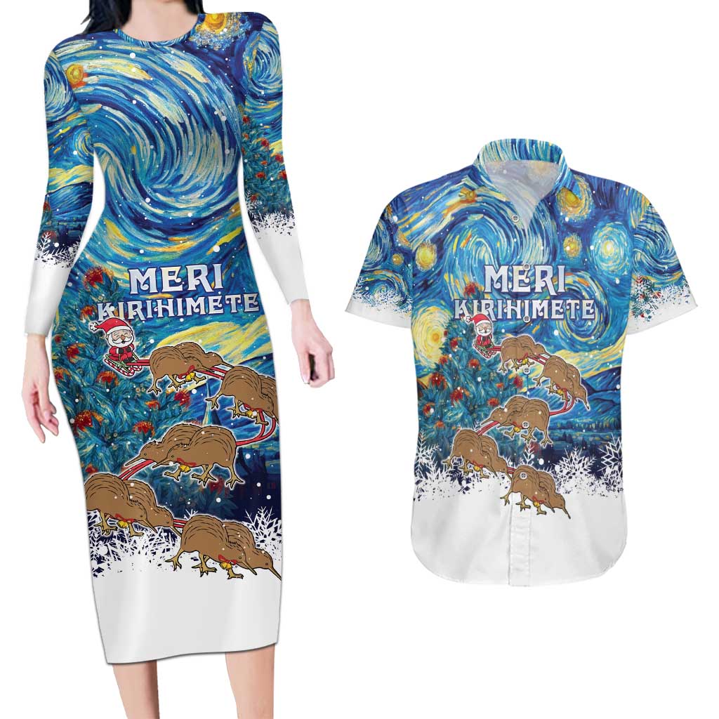 New Zealand Christmas Couples Matching Long Sleeve Bodycon Dress and Hawaiian Shirt Kiwis Santa Sleigh Starry Night Style