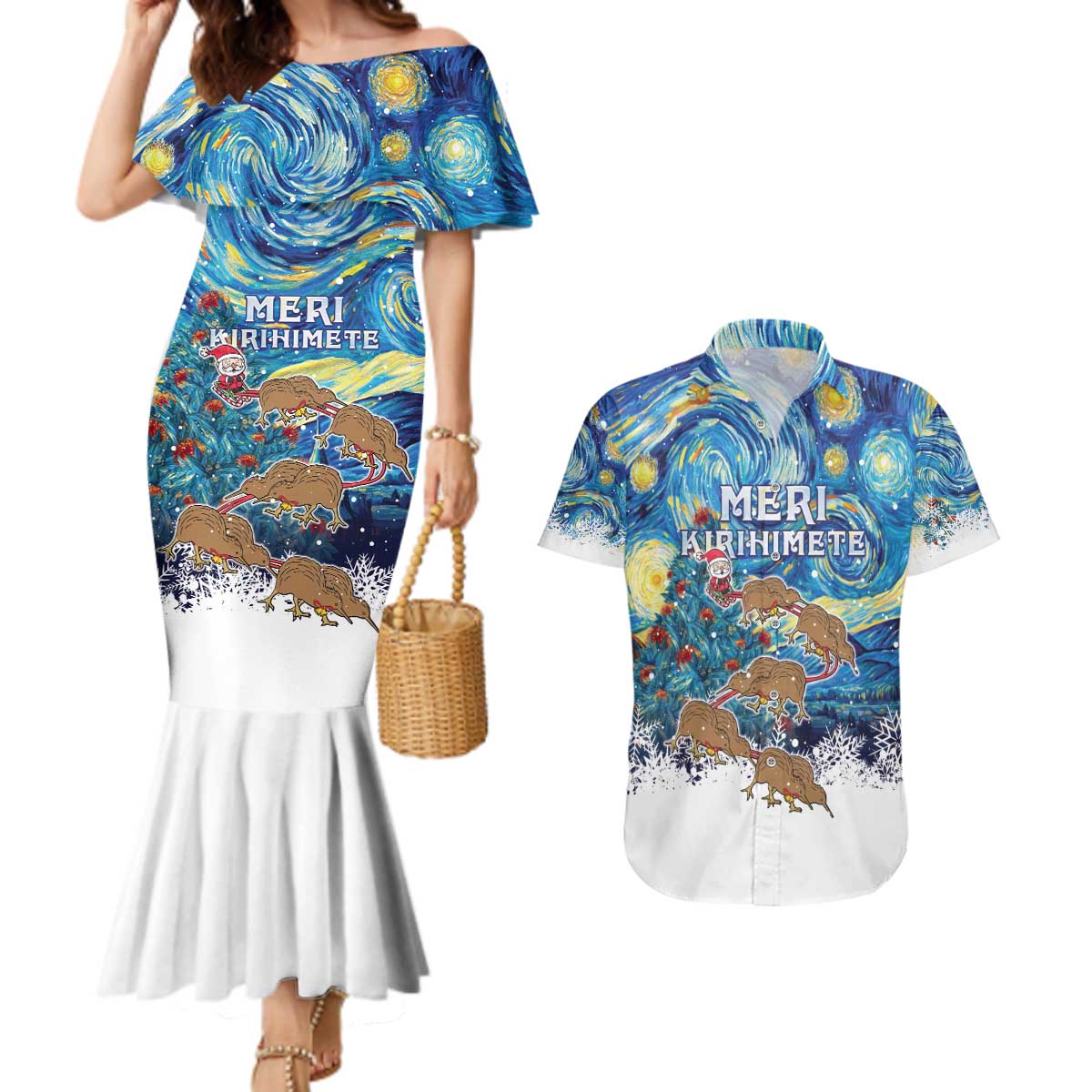 New Zealand Christmas Couples Matching Mermaid Dress and Hawaiian Shirt Kiwis Santa Sleigh Starry Night Style