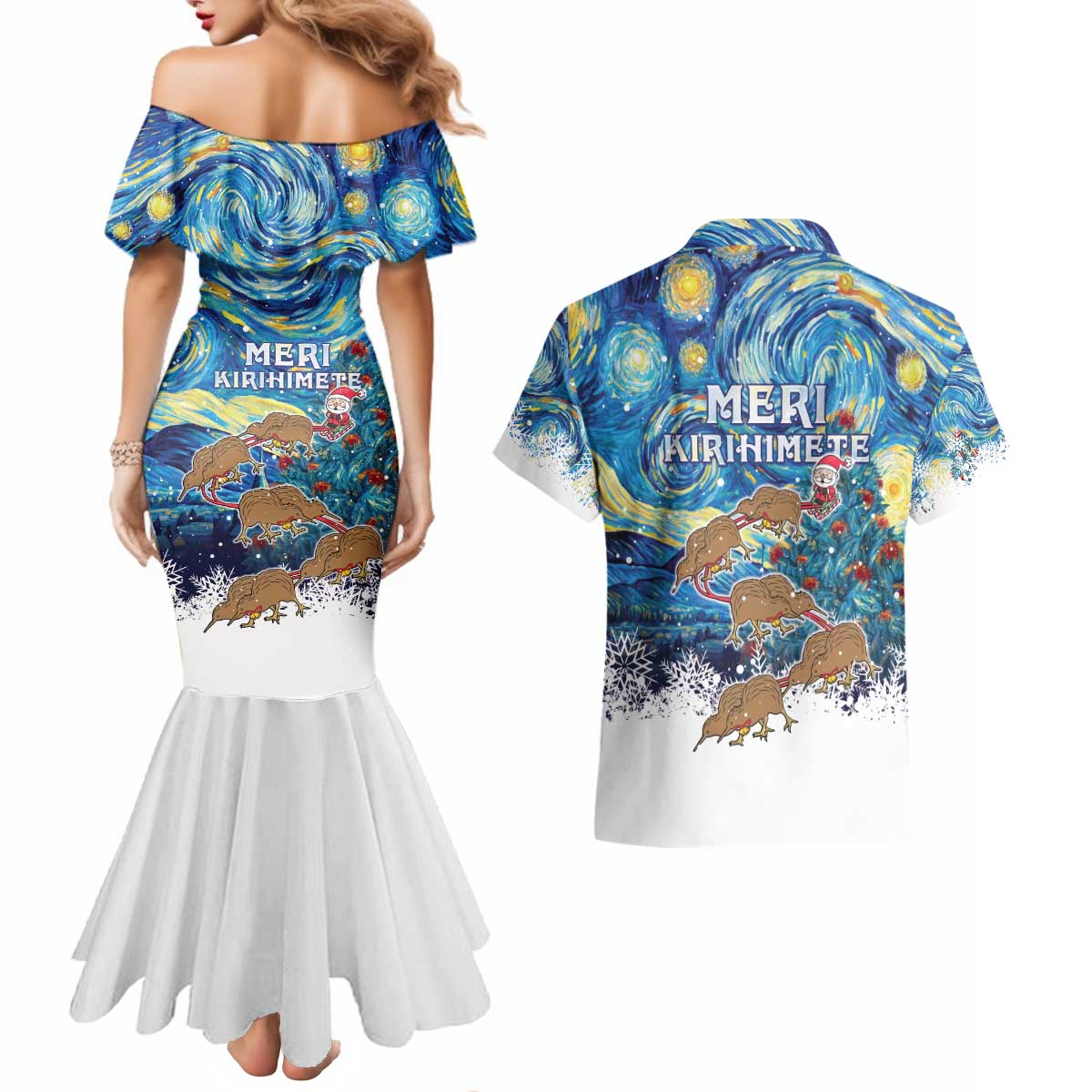 New Zealand Christmas Couples Matching Mermaid Dress and Hawaiian Shirt Kiwis Santa Sleigh Starry Night Style