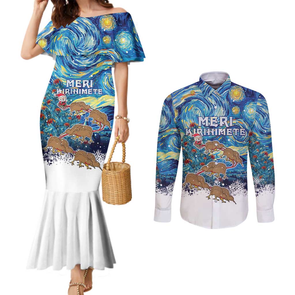 New Zealand Christmas Couples Matching Mermaid Dress and Long Sleeve Button Shirt Kiwis Santa Sleigh Starry Night Style