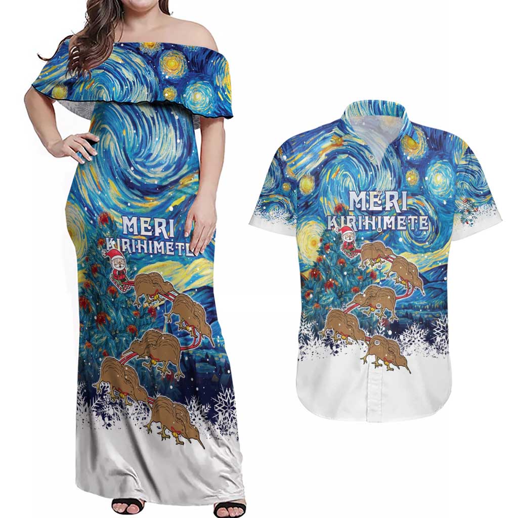 New Zealand Christmas Couples Matching Off Shoulder Maxi Dress and Hawaiian Shirt Kiwis Santa Sleigh Starry Night Style