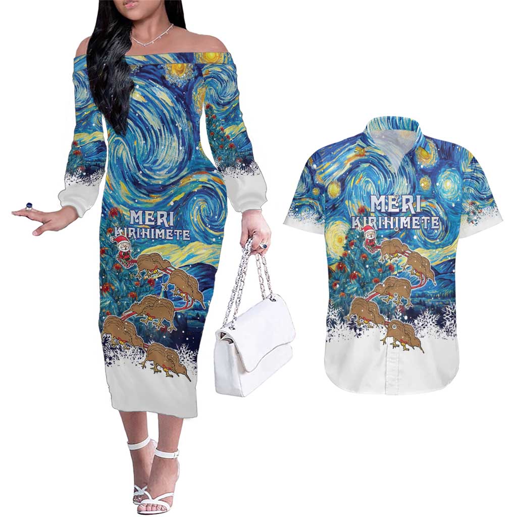 New Zealand Christmas Couples Matching Off The Shoulder Long Sleeve Dress and Hawaiian Shirt Kiwis Santa Sleigh Starry Night Style