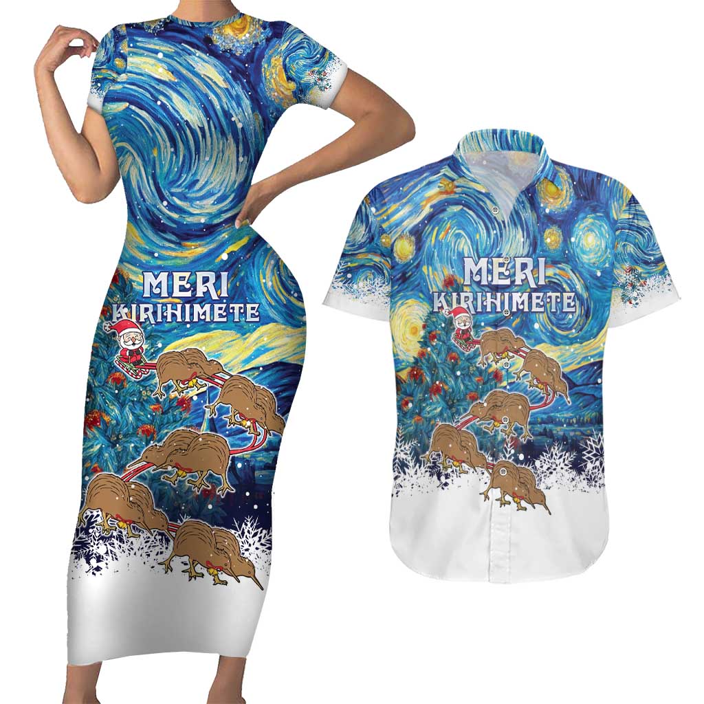 New Zealand Christmas Couples Matching Short Sleeve Bodycon Dress and Hawaiian Shirt Kiwis Santa Sleigh Starry Night Style LT05 Blue - Polynesian Pride