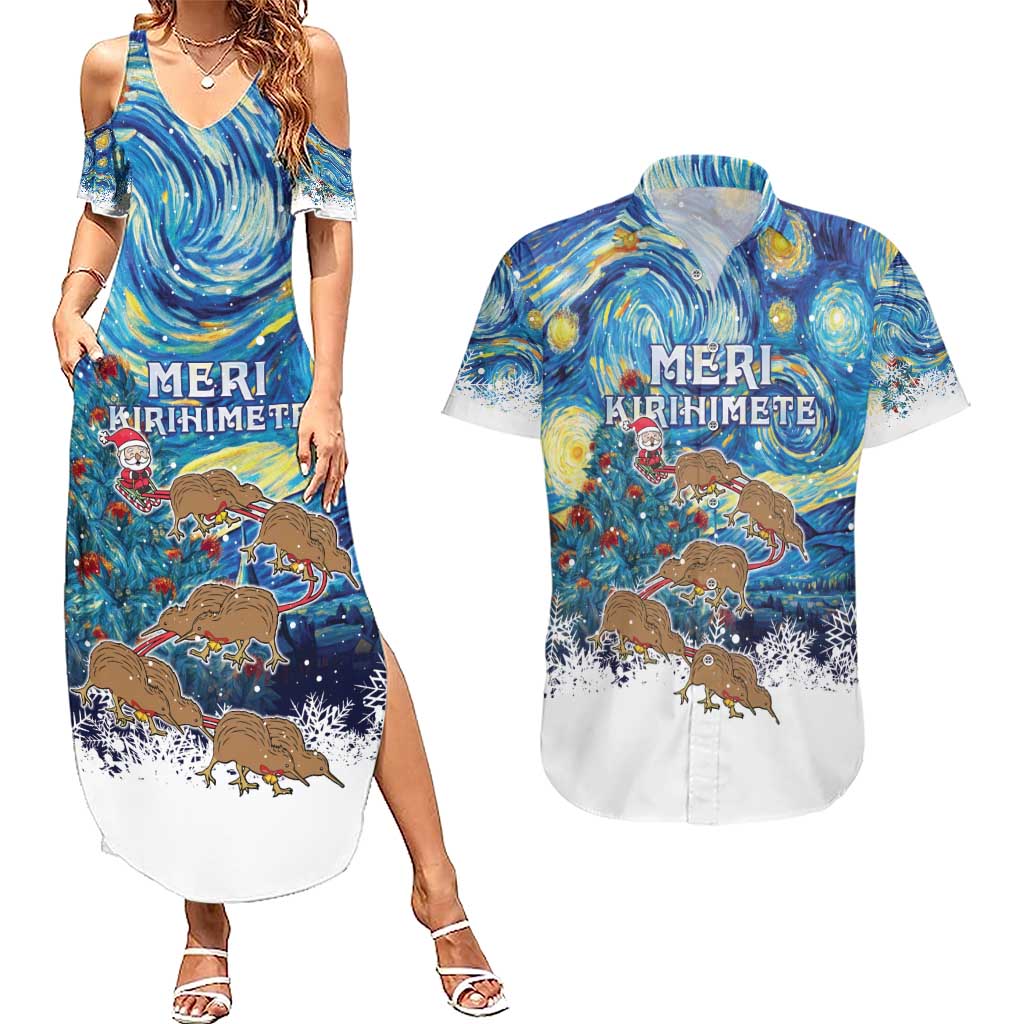 New Zealand Christmas Couples Matching Summer Maxi Dress and Hawaiian Shirt Kiwis Santa Sleigh Starry Night Style