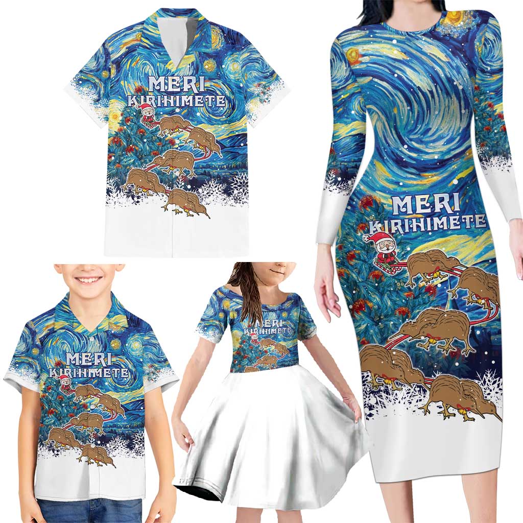 New Zealand Christmas Family Matching Long Sleeve Bodycon Dress and Hawaiian Shirt Kiwis Santa Sleigh Starry Night Style