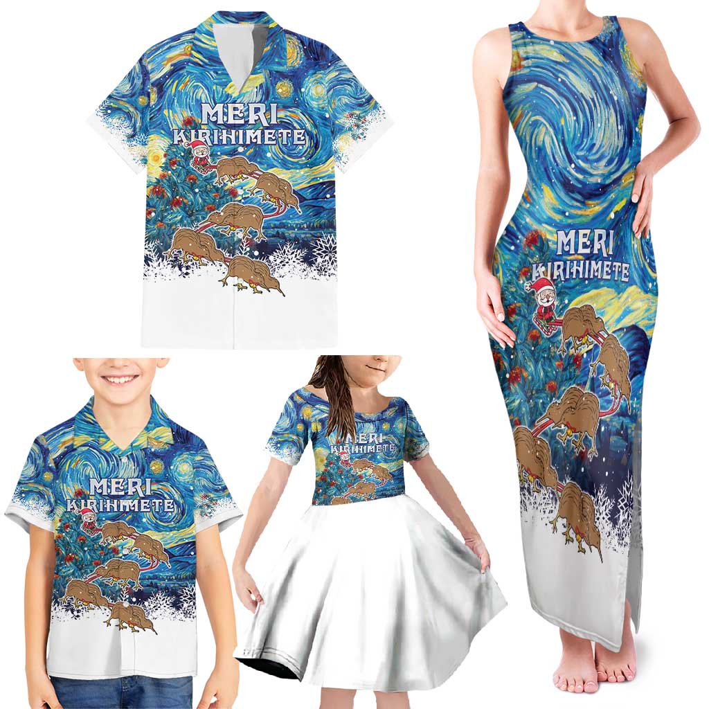 New Zealand Christmas Family Matching Tank Maxi Dress and Hawaiian Shirt Kiwis Santa Sleigh Starry Night Style