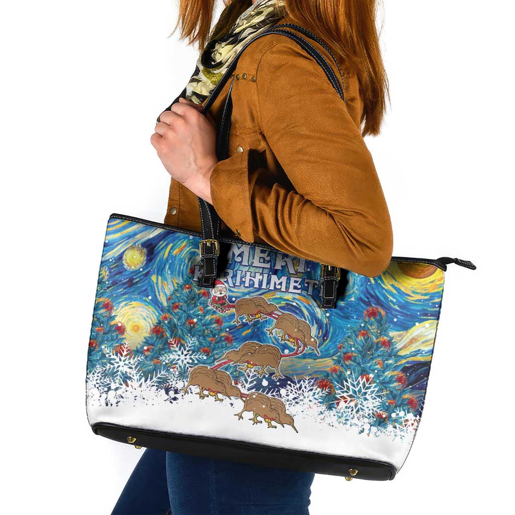 New Zealand Christmas Leather Tote Bag Kiwis Santa Sleigh Starry Night Style LT05 Blue - Polynesian Pride