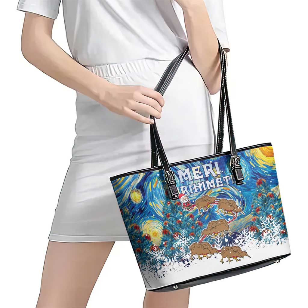 New Zealand Christmas Leather Tote Bag Kiwis Santa Sleigh Starry Night Style LT05 - Polynesian Pride