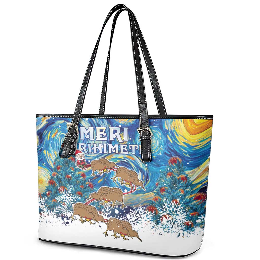 New Zealand Christmas Leather Tote Bag Kiwis Santa Sleigh Starry Night Style LT05 - Polynesian Pride