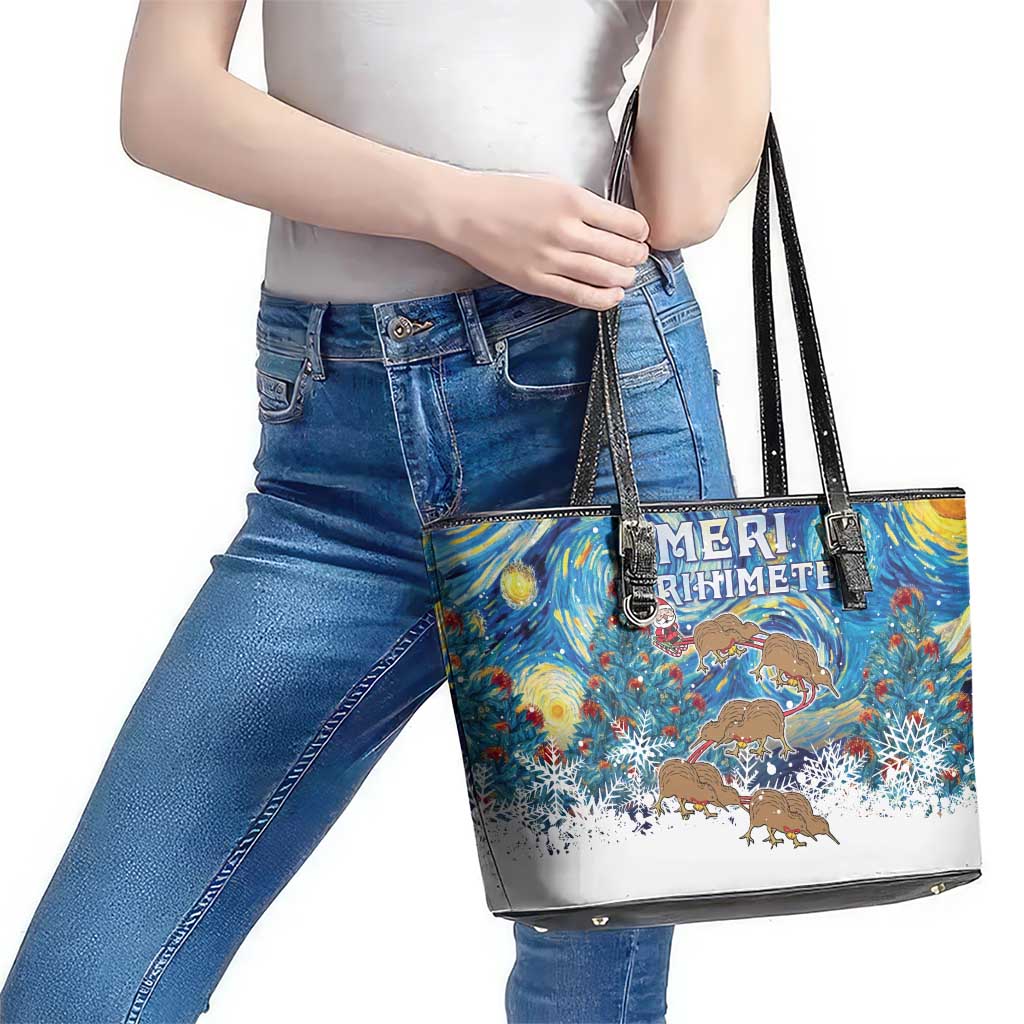 New Zealand Christmas Leather Tote Bag Kiwis Santa Sleigh Starry Night Style LT05 - Polynesian Pride
