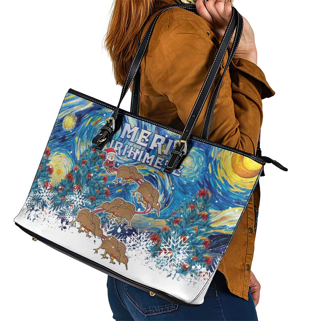 New Zealand Christmas Leather Tote Bag Kiwis Santa Sleigh Starry Night Style LT05 - Polynesian Pride
