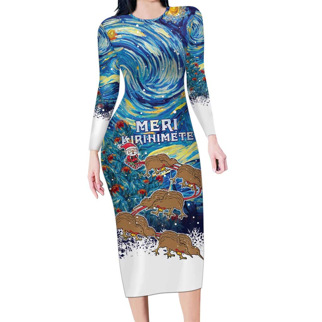 New Zealand Christmas Long Sleeve Bodycon Dress Kiwis Santa Sleigh Starry Night Style