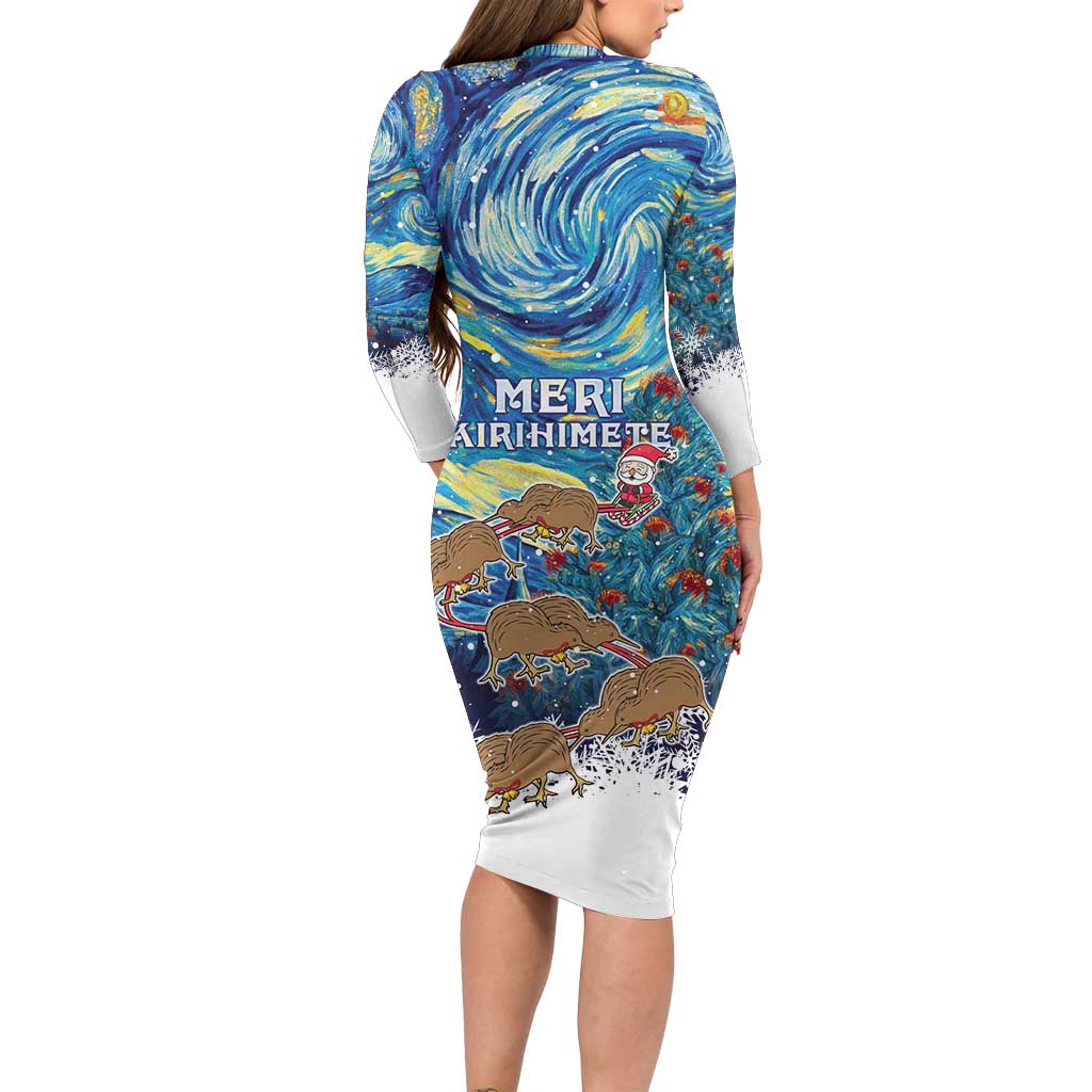 New Zealand Christmas Long Sleeve Bodycon Dress Kiwis Santa Sleigh Starry Night Style