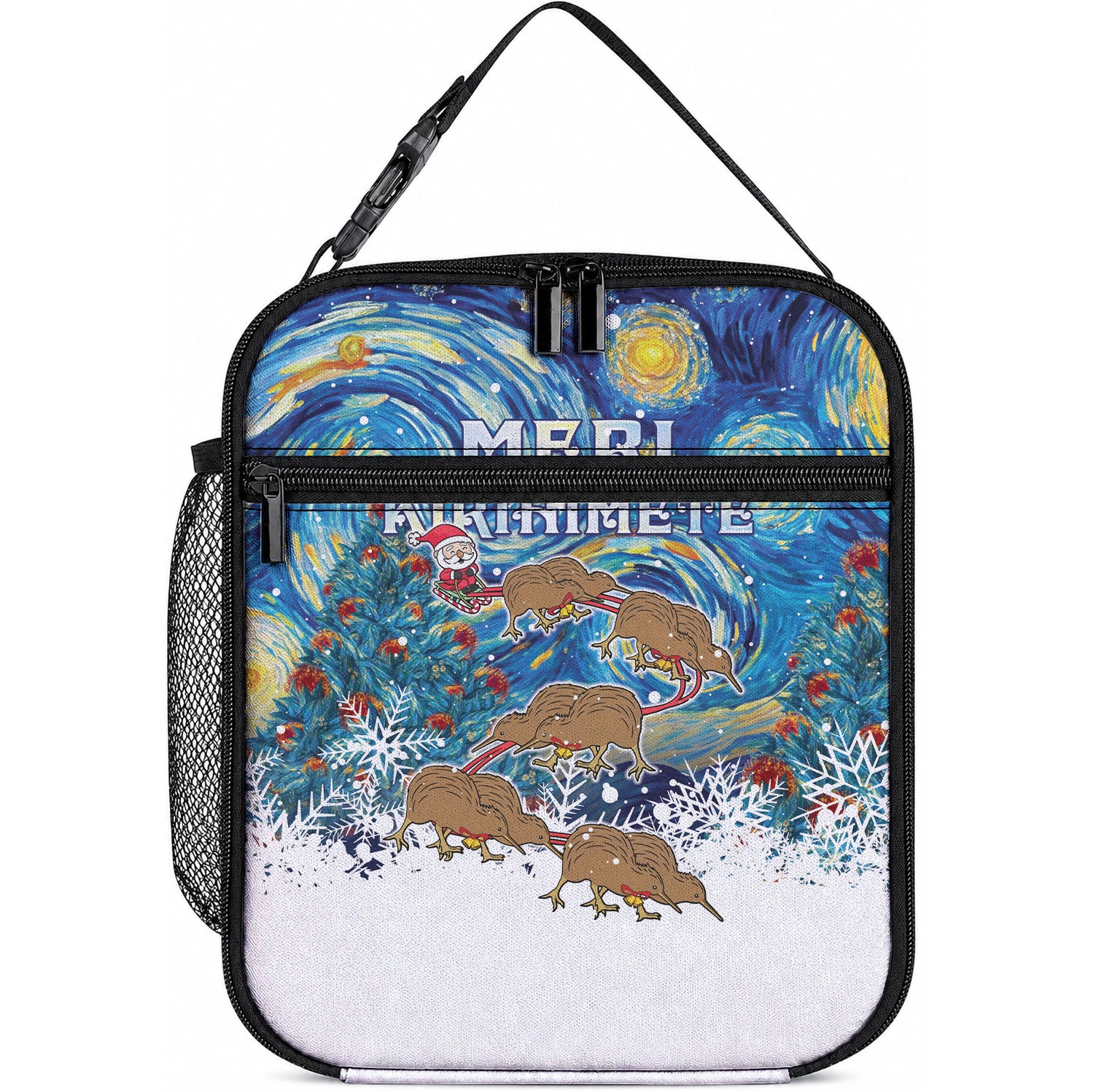 New Zealand Christmas Lunch Bag Kiwis Santa Sleigh Starry Night Style LT05 10.2 × 8.3 × 4.3 inch Blue - Polynesian Pride