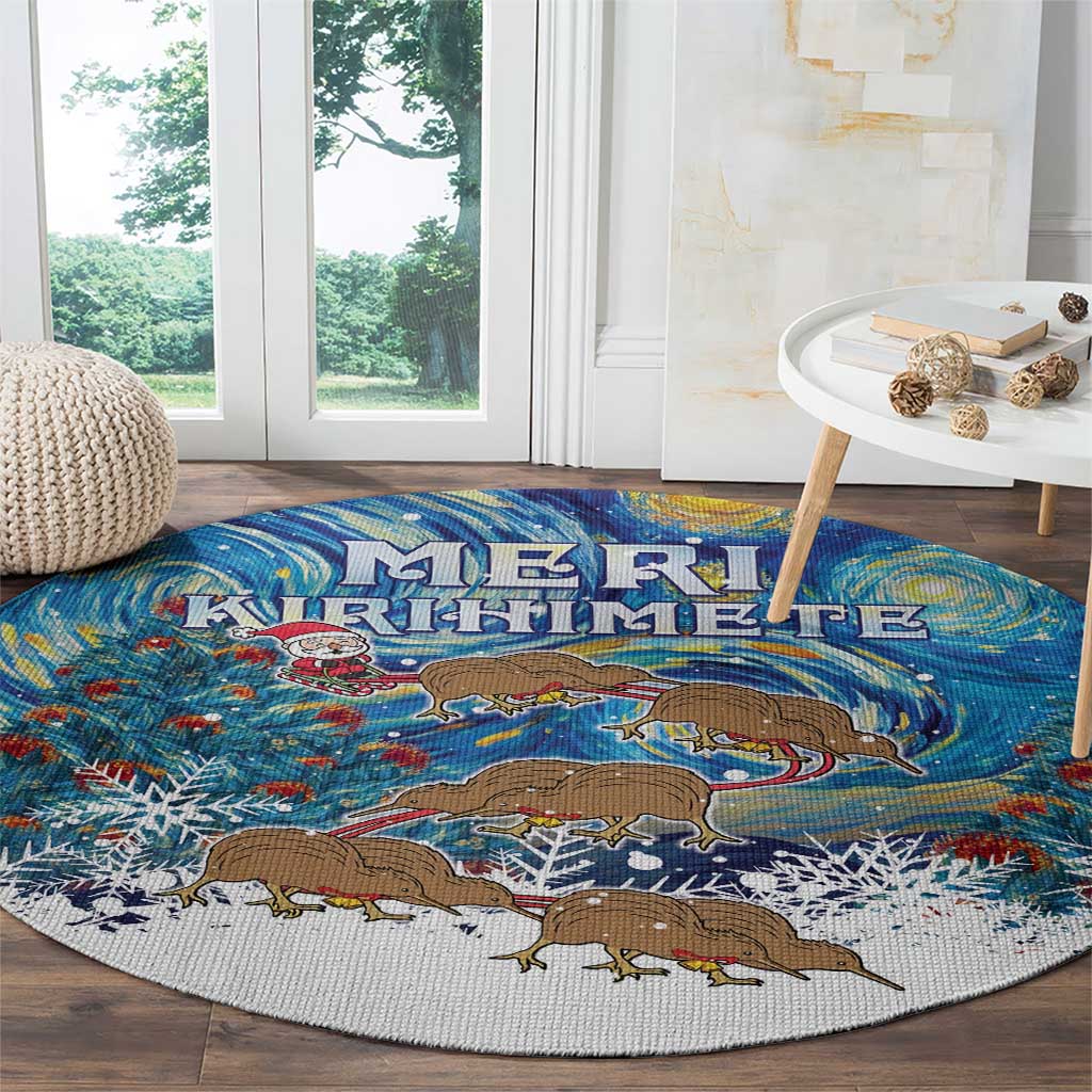 New Zealand Christmas Round Carpet Kiwis Santa Sleigh Starry Night Style