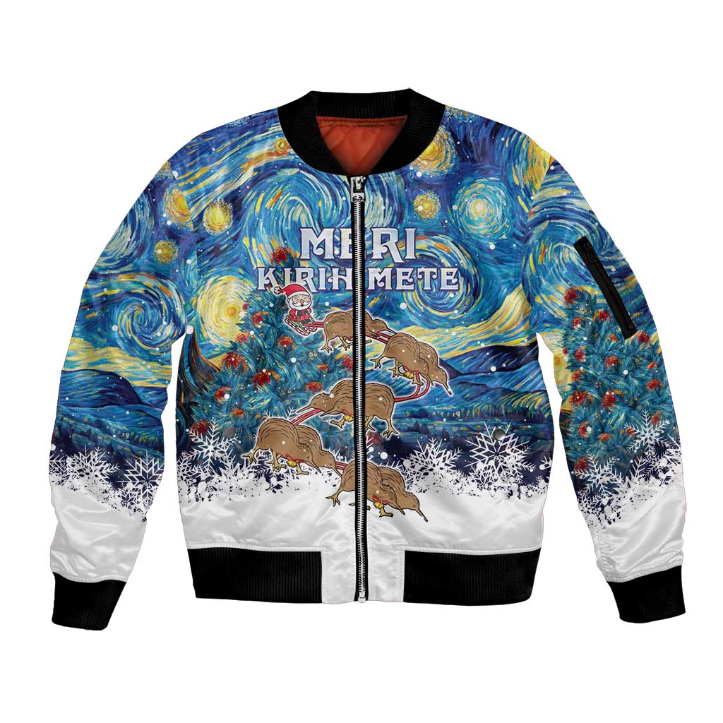 New Zealand Christmas Sleeve Zip Bomber Jacket Kiwis Santa Sleigh Starry Night Style