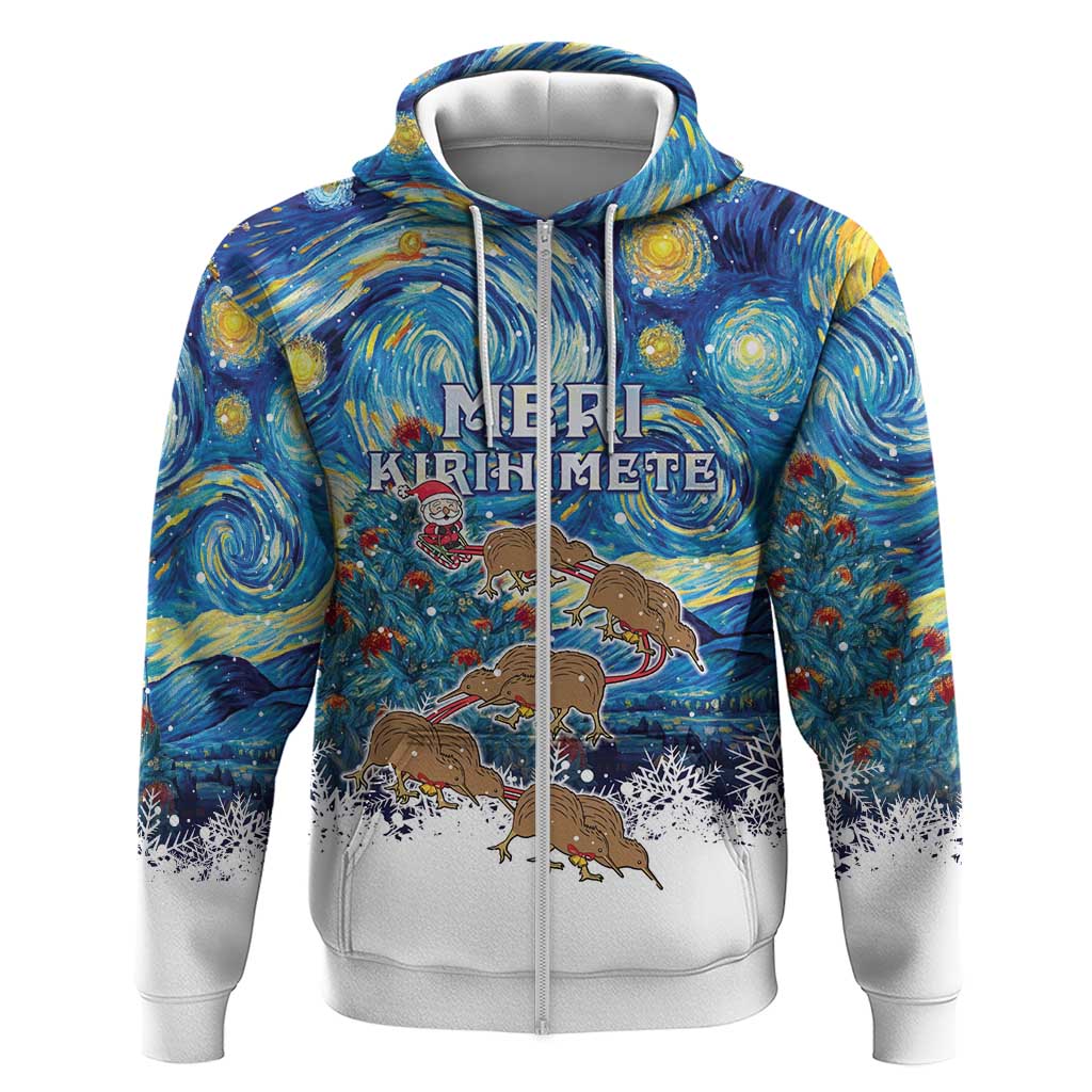 New Zealand Christmas Zip Hoodie Kiwis Santa Sleigh Starry Night Style