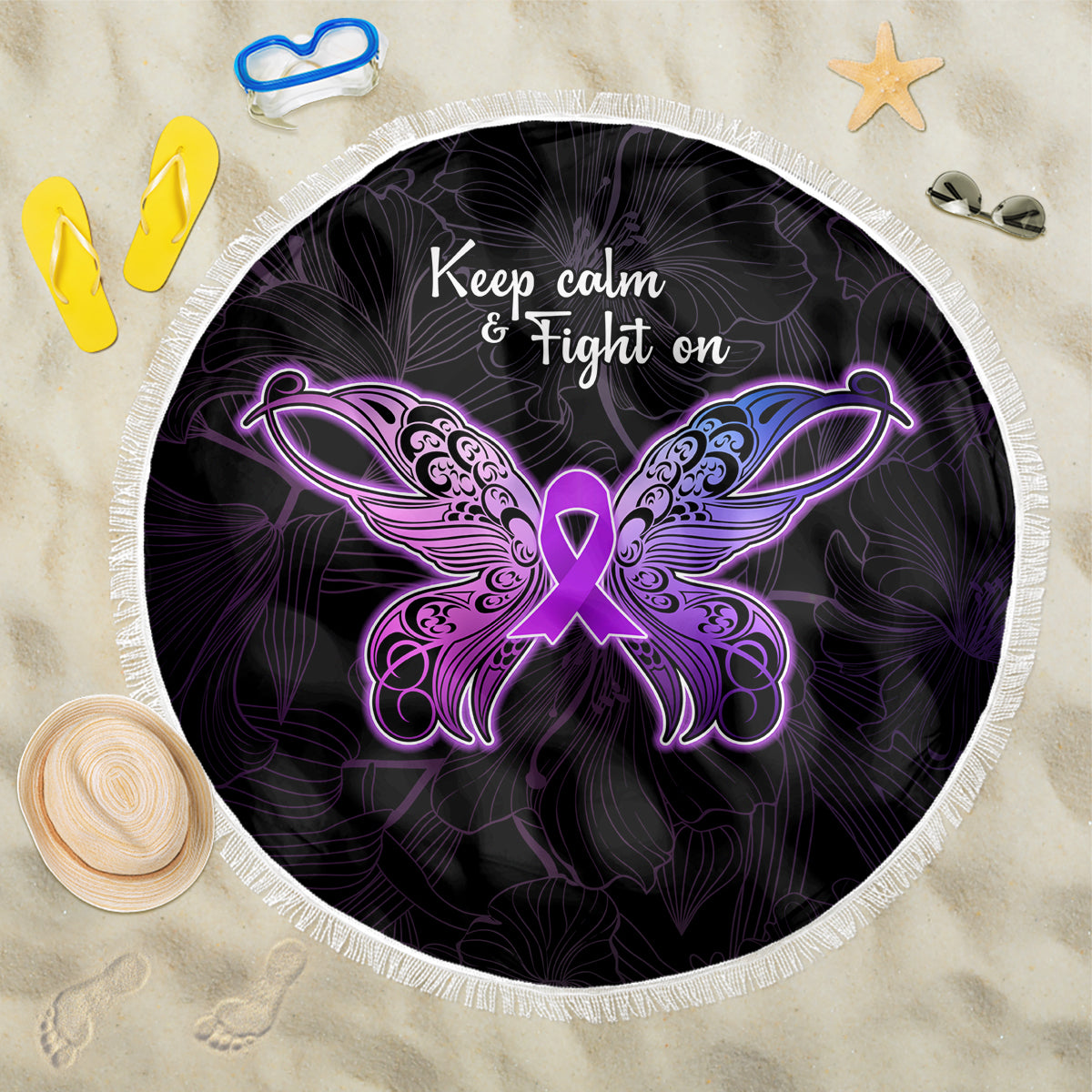 Pancreatic Cancer Awareness Beach Blanket Keep Calm And Fight On Polynesian Pattern LT05 One Size 150cm Purple - Polynesian Pride