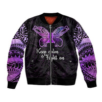Pancreatic Cancer Awareness Bomber Jacket Keep Calm And Fight On Polynesian Pattern LT05 Unisex Purple - Polynesian Pride