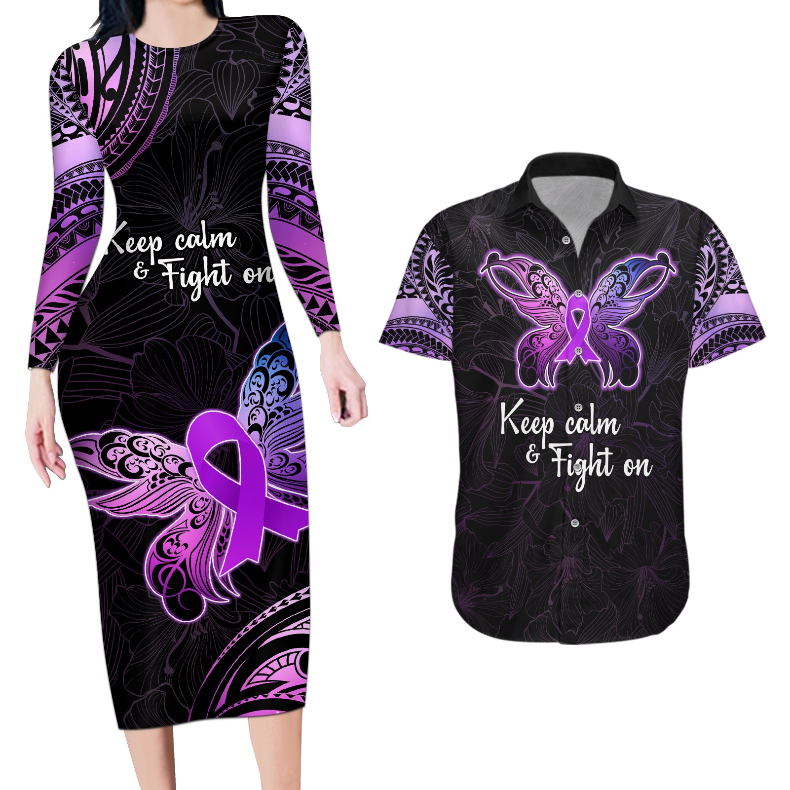 Pancreatic Cancer Awareness Couples Matching Long Sleeve Bodycon Dress and Hawaiian Shirt Keep Calm And Fight On Polynesian Pattern LT05 Purple - Polynesian Pride