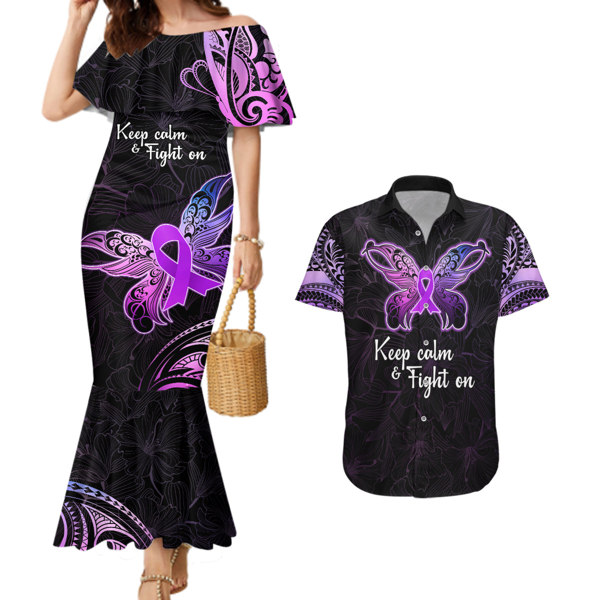 Pancreatic Cancer Awareness Couples Matching Mermaid Dress and Hawaiian Shirt Keep Calm And Fight On Polynesian Pattern LT05 Purple - Polynesian Pride