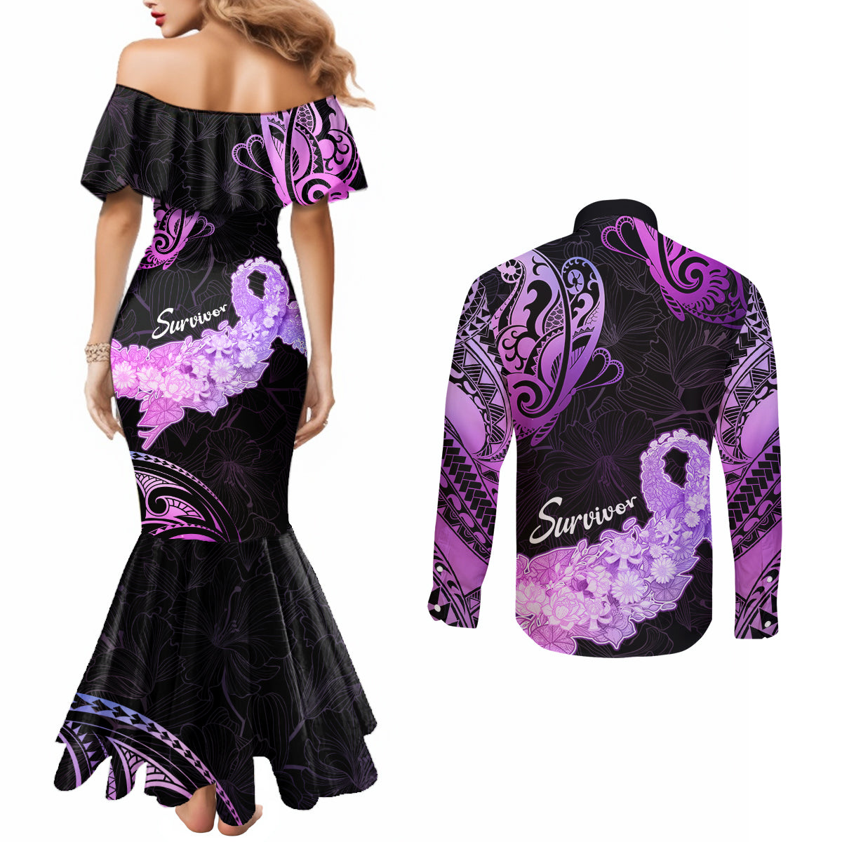 Pancreatic Cancer Awareness Couples Matching Mermaid Dress and Long Sleeve Button Shirt Keep Calm And Fight On Polynesian Pattern LT05 - Polynesian Pride
