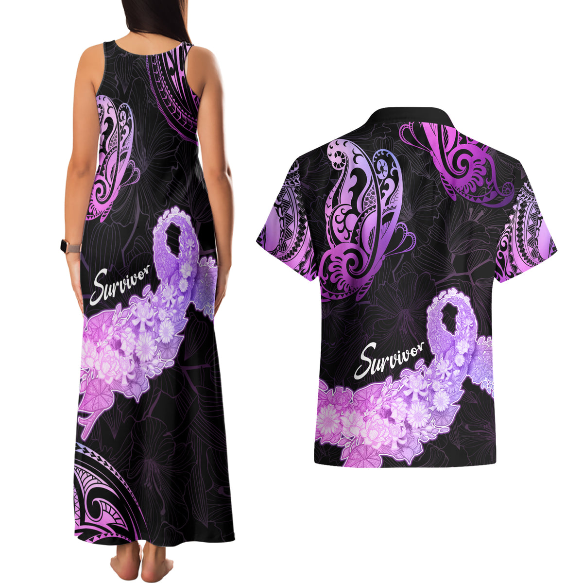 Pancreatic Cancer Awareness Couples Matching Tank Maxi Dress and Hawaiian Shirt Keep Calm And Fight On Polynesian Pattern LT05 - Polynesian Pride