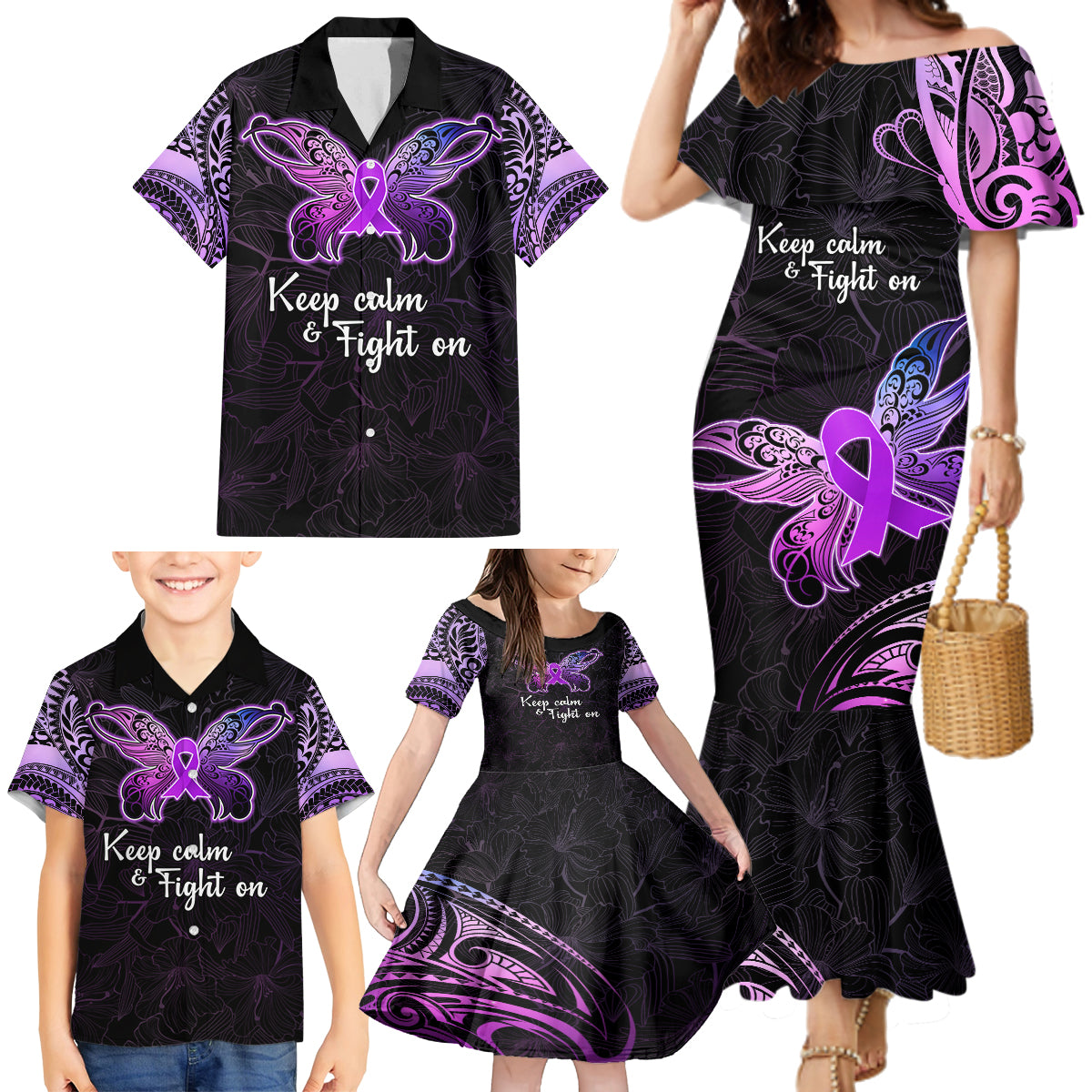 Pancreatic Cancer Awareness Family Matching Mermaid Dress and Hawaiian Shirt Keep Calm And Fight On Polynesian Pattern LT05 - Polynesian Pride