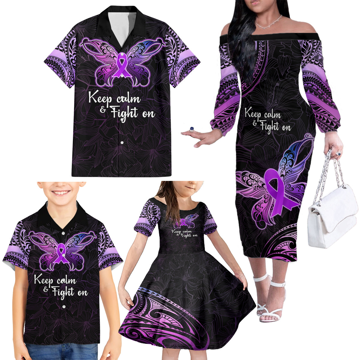 Pancreatic Cancer Awareness Family Matching Off Shoulder Long Sleeve Dress and Hawaiian Shirt Keep Calm And Fight On Polynesian Pattern LT05 - Polynesian Pride