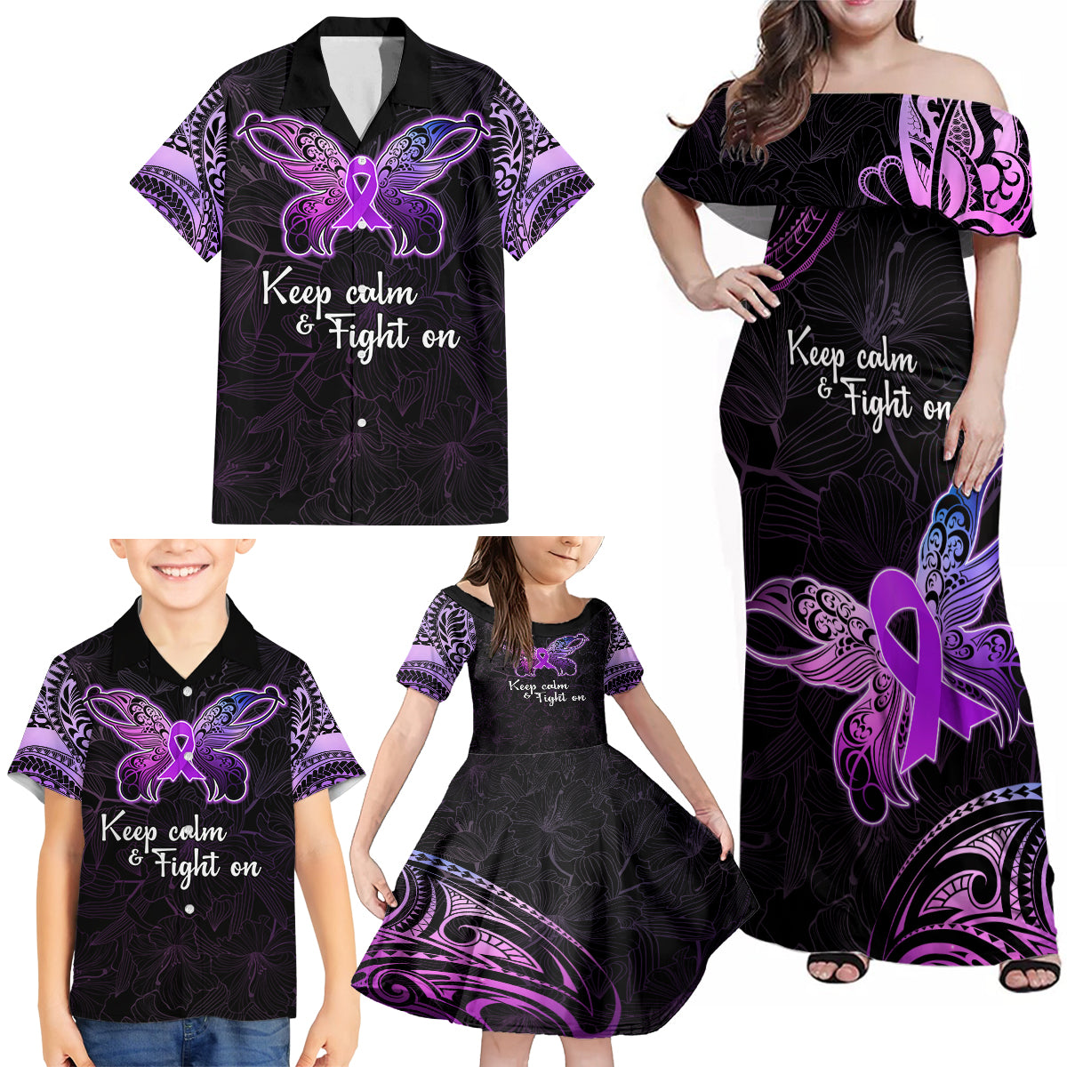 Pancreatic Cancer Awareness Family Matching Off Shoulder Maxi Dress and Hawaiian Shirt Keep Calm And Fight On Polynesian Pattern LT05 - Polynesian Pride