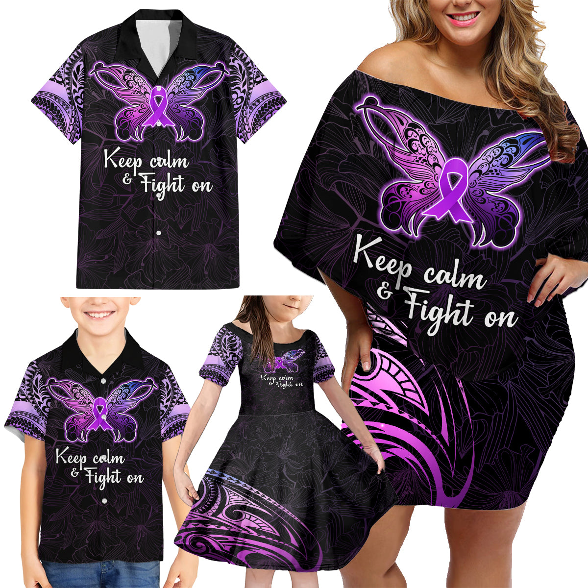 Pancreatic Cancer Awareness Family Matching Off Shoulder Short Dress and Hawaiian Shirt Keep Calm And Fight On Polynesian Pattern LT05 - Polynesian Pride