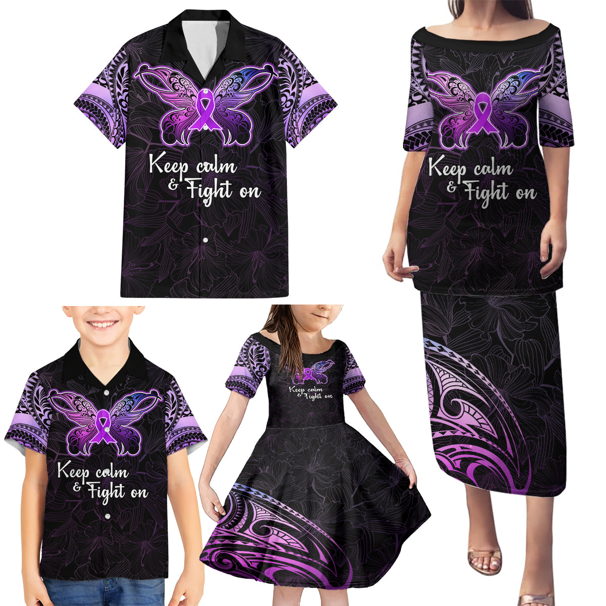 Pancreatic Cancer Awareness Family Matching Puletasi Dress and Hawaiian Shirt Keep Calm And Fight On Polynesian Pattern LT05 - Polynesian Pride