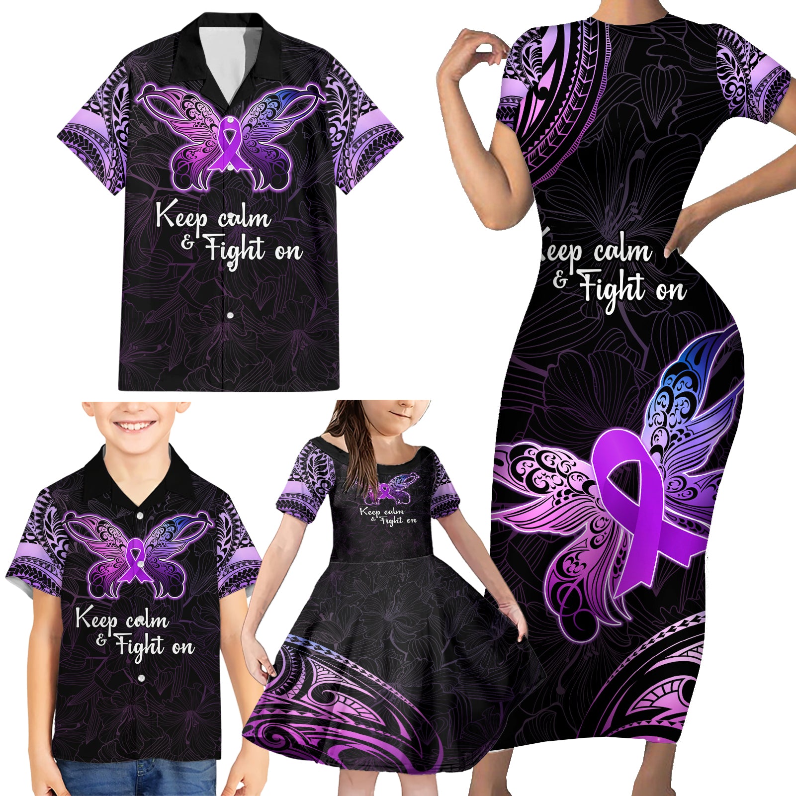 Pancreatic Cancer Awareness Family Matching Short Sleeve Bodycon Dress and Hawaiian Shirt Keep Calm And Fight On Polynesian Pattern LT05 - Polynesian Pride