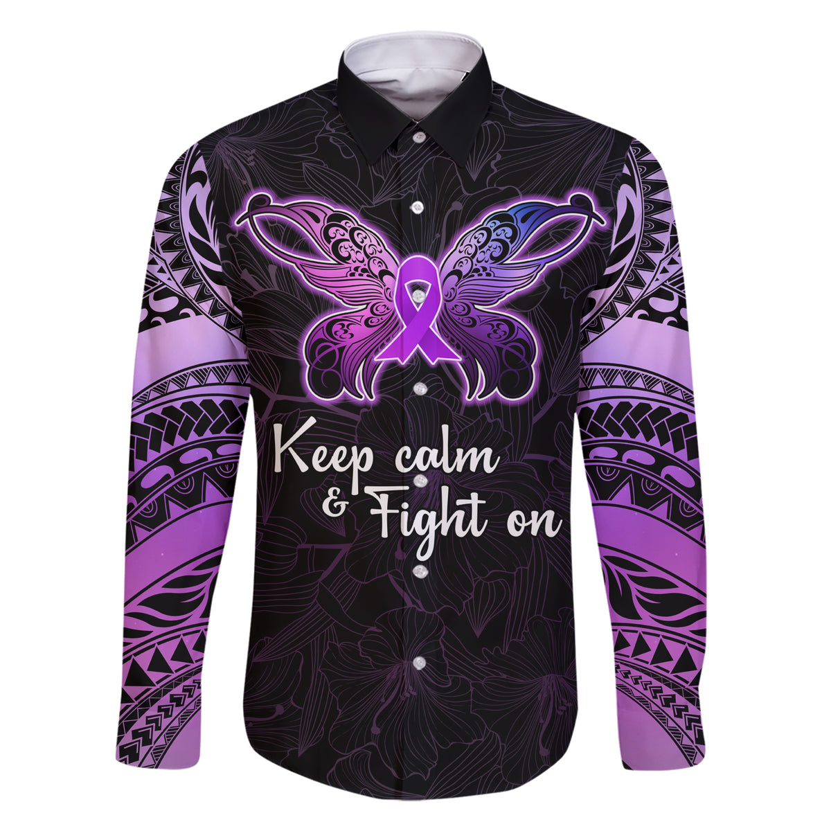 Pancreatic Cancer Awareness Family Matching Short Sleeve Bodycon Dress and Hawaiian Shirt Keep Calm And Fight On Polynesian Pattern LT05 Dad's Shirt - Long Sleeve Purple - Polynesian Pride