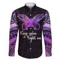 Pancreatic Cancer Awareness Family Matching Tank Maxi Dress and Hawaiian Shirt Keep Calm And Fight On Polynesian Pattern LT05 Dad's Shirt - Long Sleeve Purple - Polynesian Pride