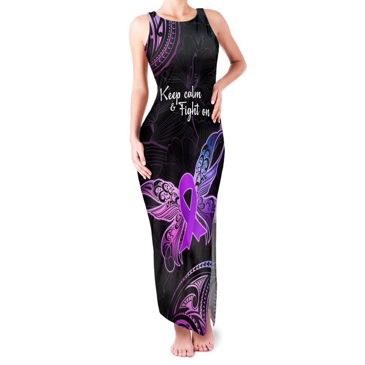 Pancreatic Cancer Awareness Family Matching Tank Maxi Dress and Hawaiian Shirt Keep Calm And Fight On Polynesian Pattern LT05 Mom's Dress Purple - Polynesian Pride