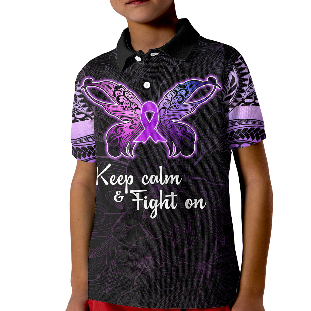 Pancreatic Cancer Awareness Kid Polo Shirt Keep Calm And Fight On Polynesian Pattern LT05 Kid Purple - Polynesian Pride