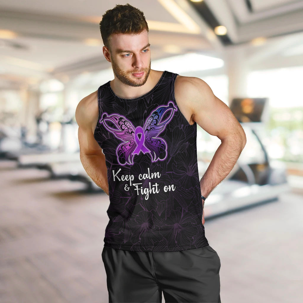 Pancreatic Cancer Awareness Men Tank Top Keep Calm And Fight On Polynesian Pattern LT05 Purple - Polynesian Pride