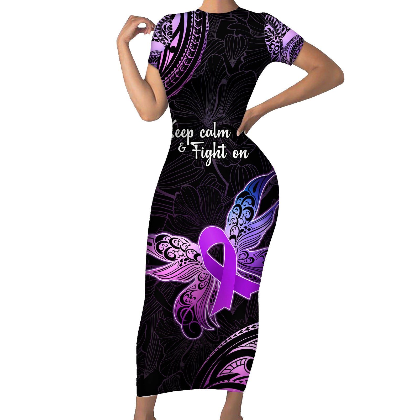 Pancreatic Cancer Awareness Short Sleeve Bodycon Dress Keep Calm And Fight On Polynesian Pattern LT05 Long Dress Purple - Polynesian Pride