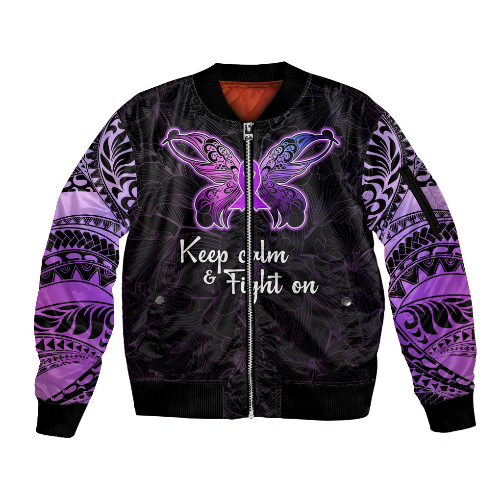 Pancreatic Cancer Awareness Sleeve Zip Bomber Jacket Keep Calm And Fight On Polynesian Pattern LT05 Unisex Purple - Polynesian Pride
