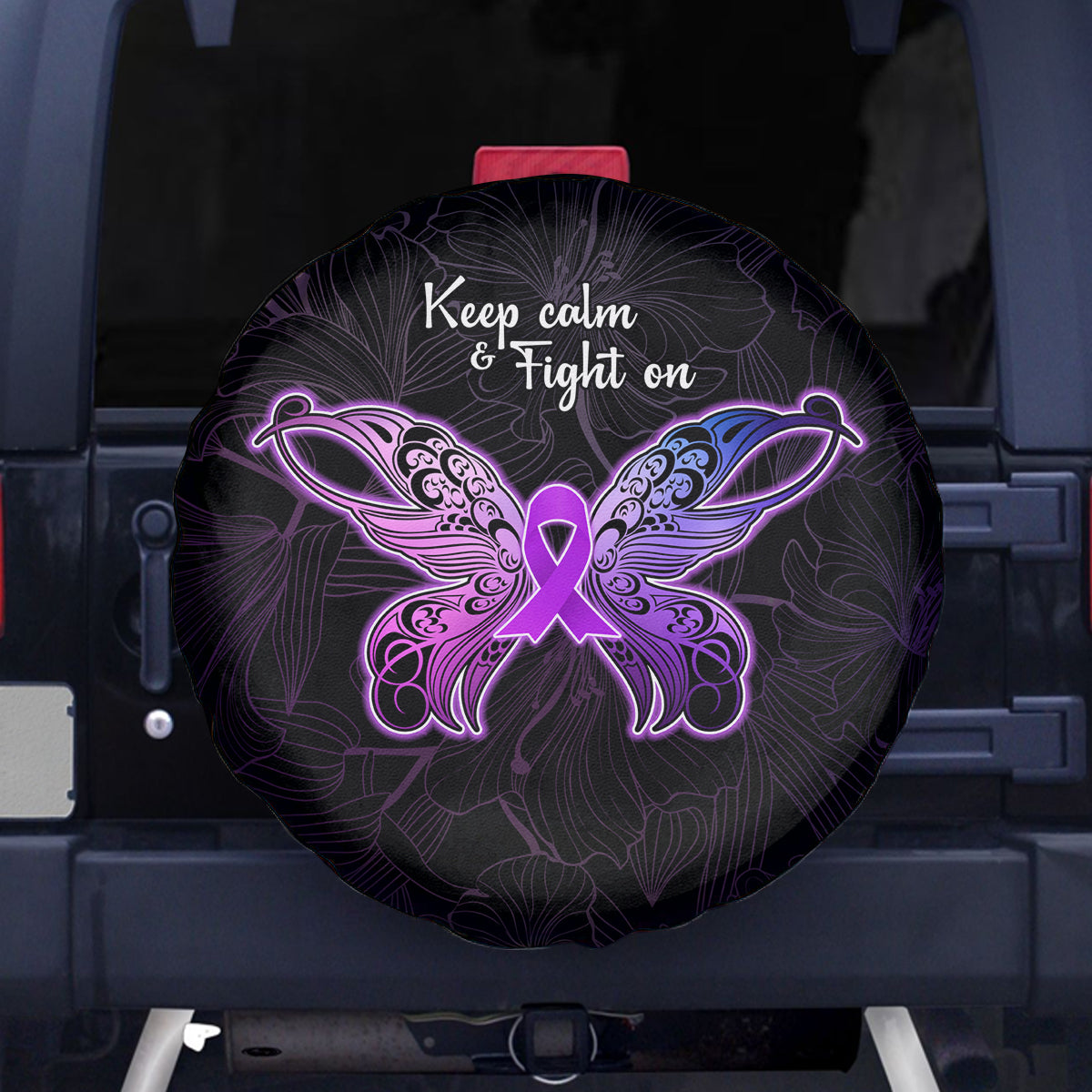 Pancreatic Cancer Awareness Spare Tire Cover Keep Calm And Fight On Polynesian Pattern LT05 Purple - Polynesian Pride