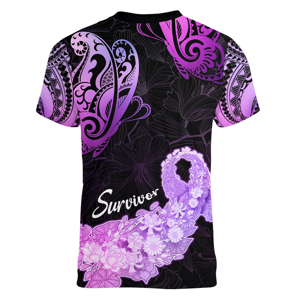 Pancreatic Cancer Awareness Women V Neck T Shirt Keep Calm And Fight On Polynesian Pattern LT05 - Polynesian Pride