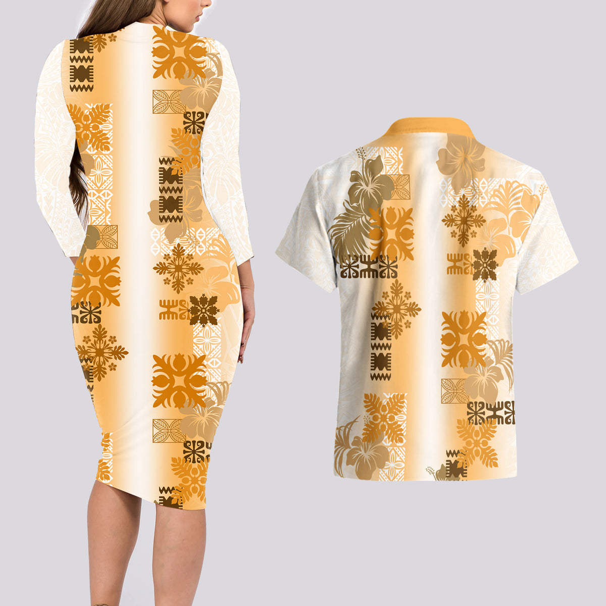 Hawaiian Quilt Couples Matching Long Sleeve Bodycon Dress and Hawaiian Shirt Vintage Pattern Brown LT05 - Polynesian Pride