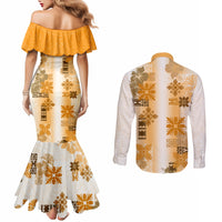 Hawaiian Quilt Couples Matching Mermaid Dress and Long Sleeve Button Shirt Vintage Pattern Brown LT05 - Polynesian Pride