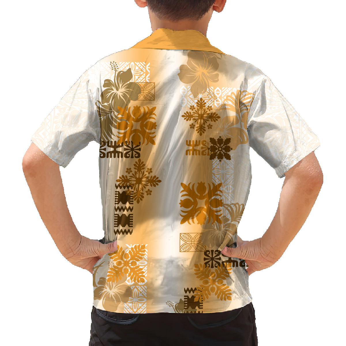 Hawaiian Quilt Family Matching Off Shoulder Long Sleeve Dress and Hawaiian Shirt Vintage Pattern Brown LT05 - Polynesian Pride