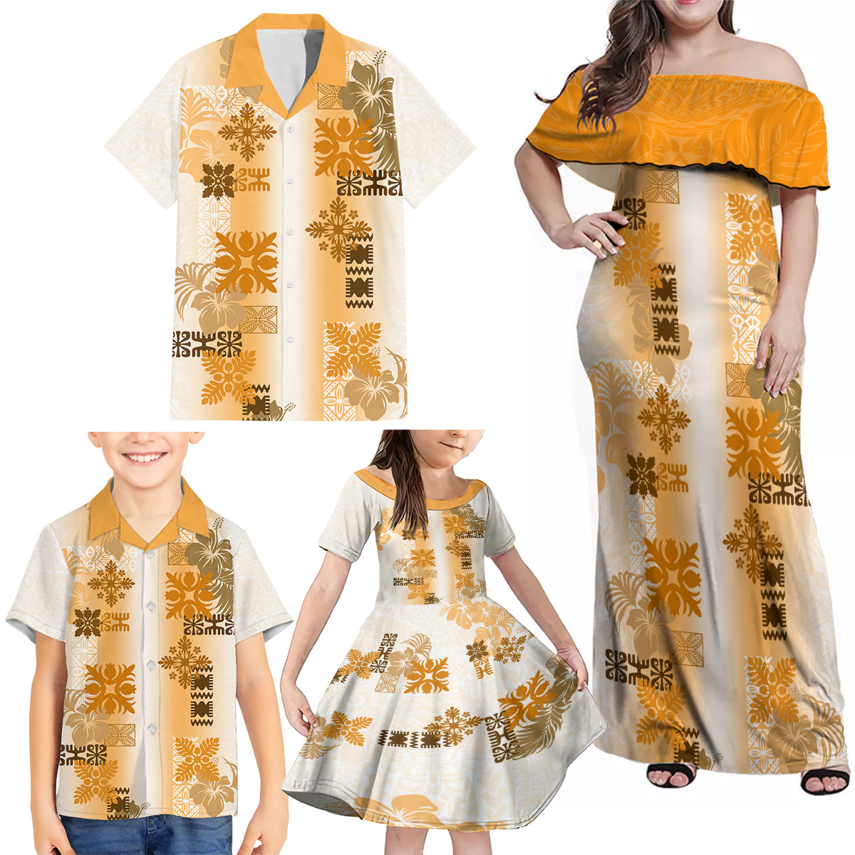 Hawaiian Quilt Family Matching Off Shoulder Maxi Dress and Hawaiian Shirt Vintage Pattern Brown LT05 - Polynesian Pride